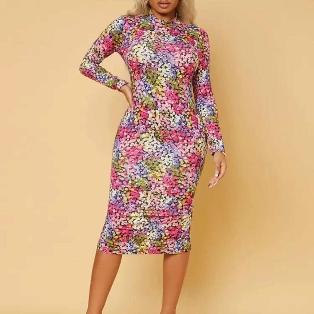 Floral mock neck long sleeve Multicolor Women dress Xs brand new